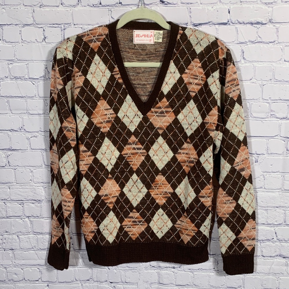 Joshua Mens VTG Argyle V-Neck Sweater Brown Sz M Preppy Holiday Old Money Retro